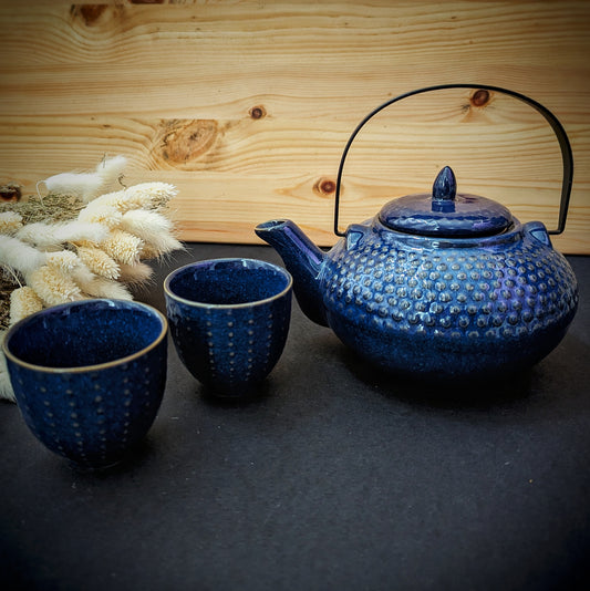 Hobnail Teapot and 2 Cups Set Azure Blue 850ml